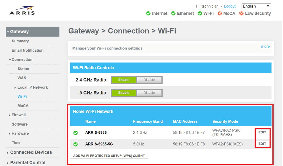 How do I change the WiFi password for Arris 3450 & Arris 9450??
